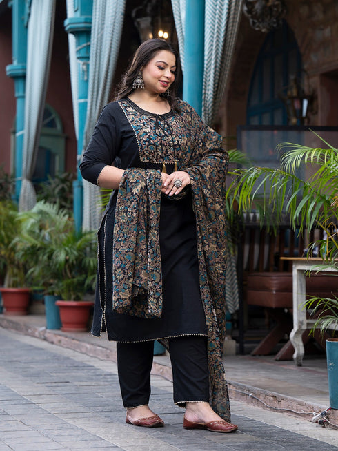 Women Plus Size Black Pure Cotton Kurta Set With Dupatta